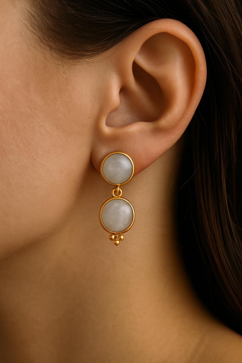 Gold Plated Moonstone Stud Earrings, 2 stone earrings