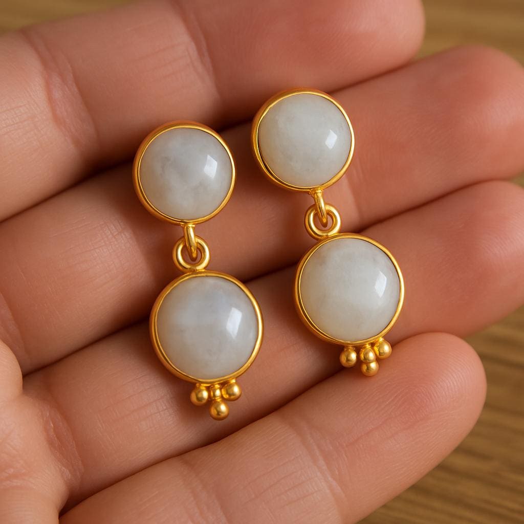 Gold Plated Moonstone Stud Earrings, 2 stone earrings