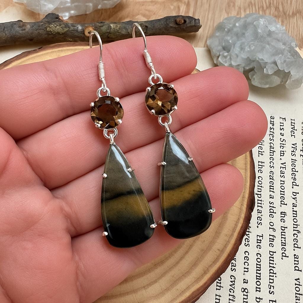 Sterling Silver Citrine and Jasper Dangle Earrings