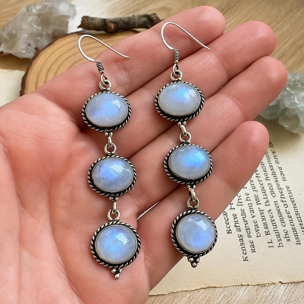White Moonstone Dangle Earrings In Sterling Silver, Statement Earrings