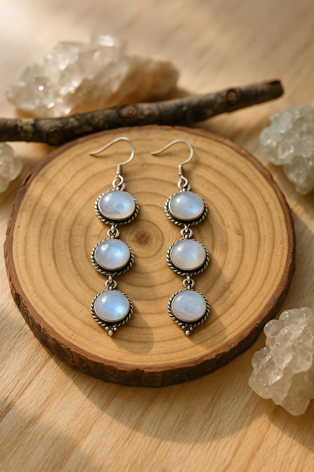 White Moonstone Dangle Earrings In Sterling Silver, Statement Earrings