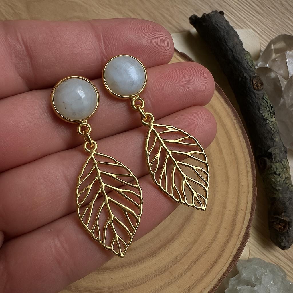 Gold Plated Moonstone Stud Earrings, Leaf Earrings