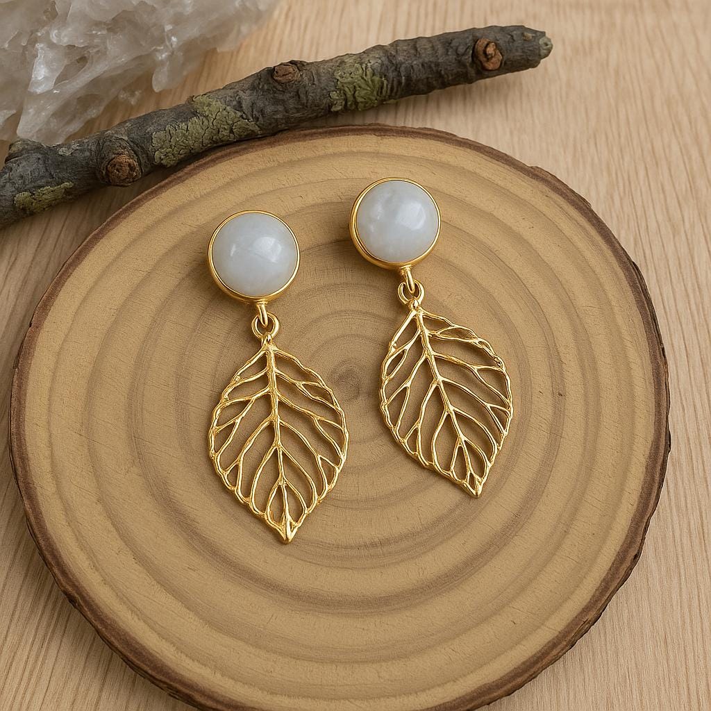 Gold Plated Moonstone Stud Earrings, Leaf Earrings