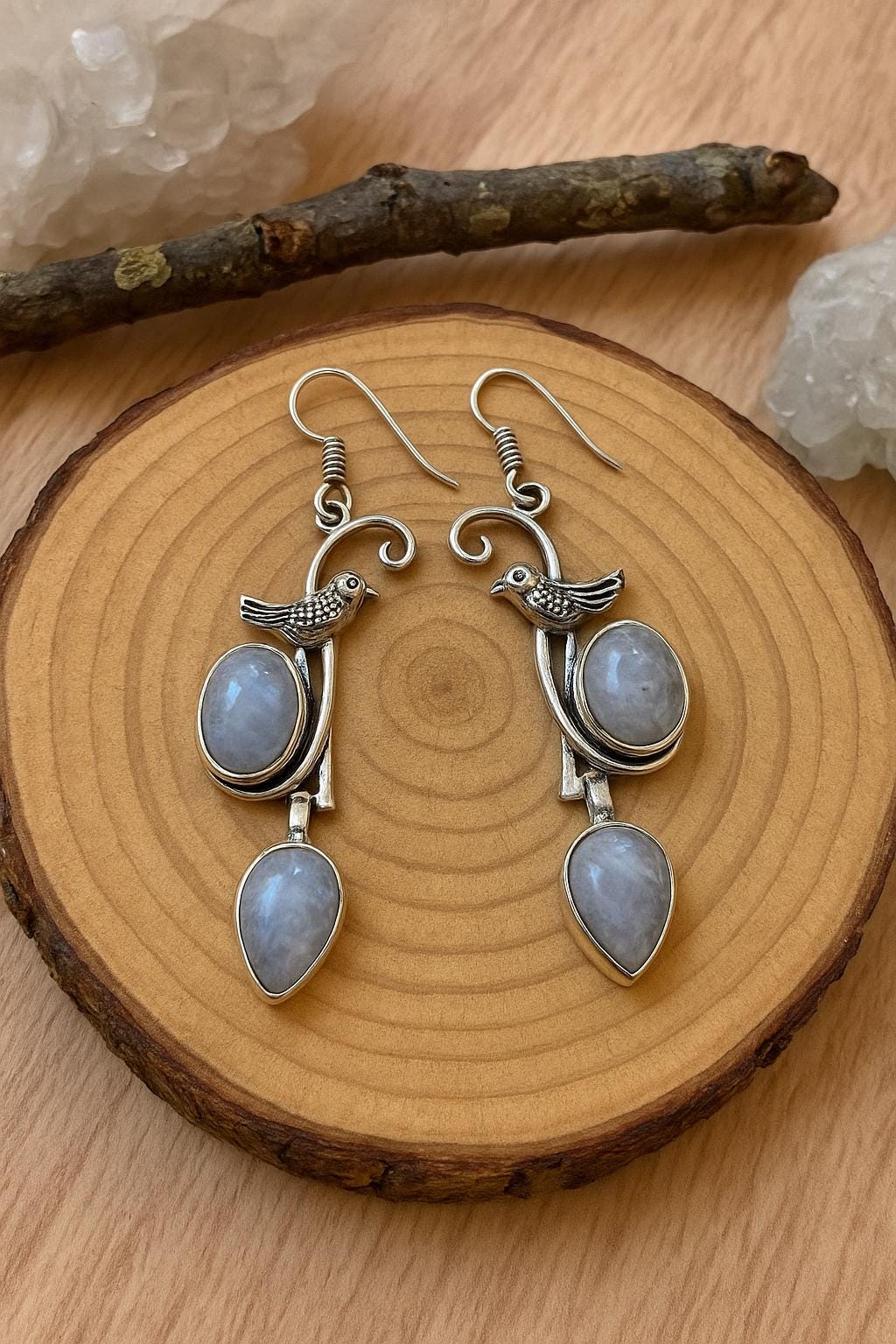 Sterling Silver Moonstone Dangle Earrings: Bird Accent, Boho Jewelry