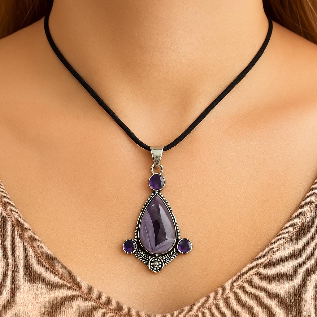 Amethyst Statement Pendant In Sterling Silver, Multi Stone Crystal Necklace