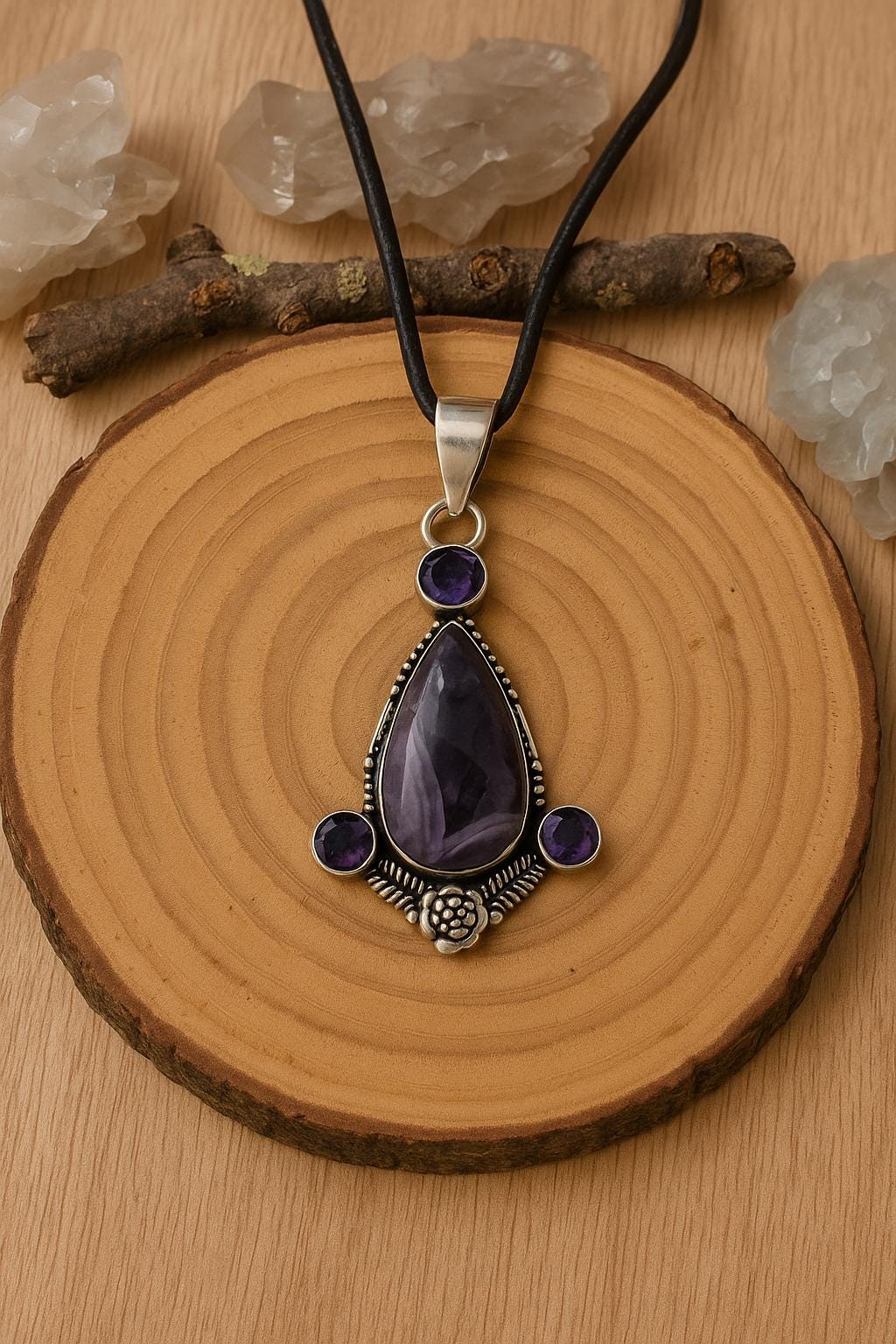 Amethyst Statement Pendant In Sterling Silver, Multi Stone Crystal Necklace