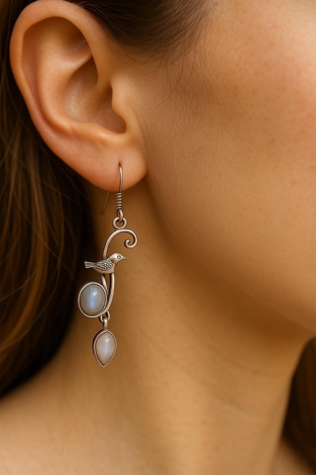 Sterling Silver Moonstone Dangle Earrings: Bird Accent, Boho Jewelry
