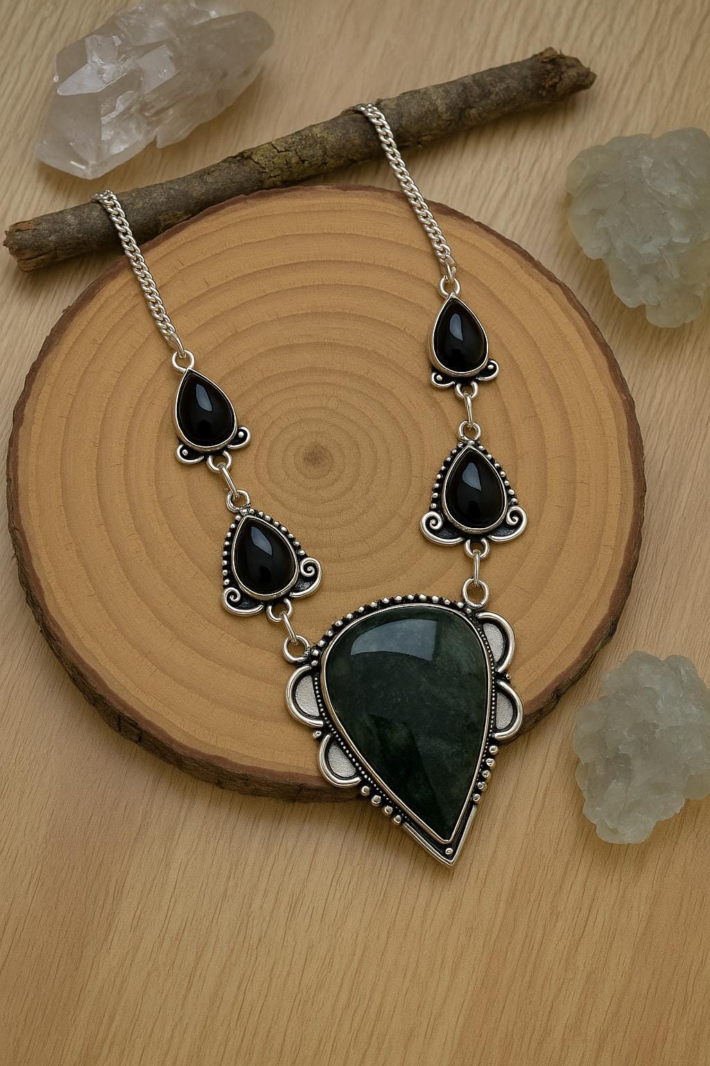 Black Onyx And Moss Agate Statement Pendant In Sterling Silver