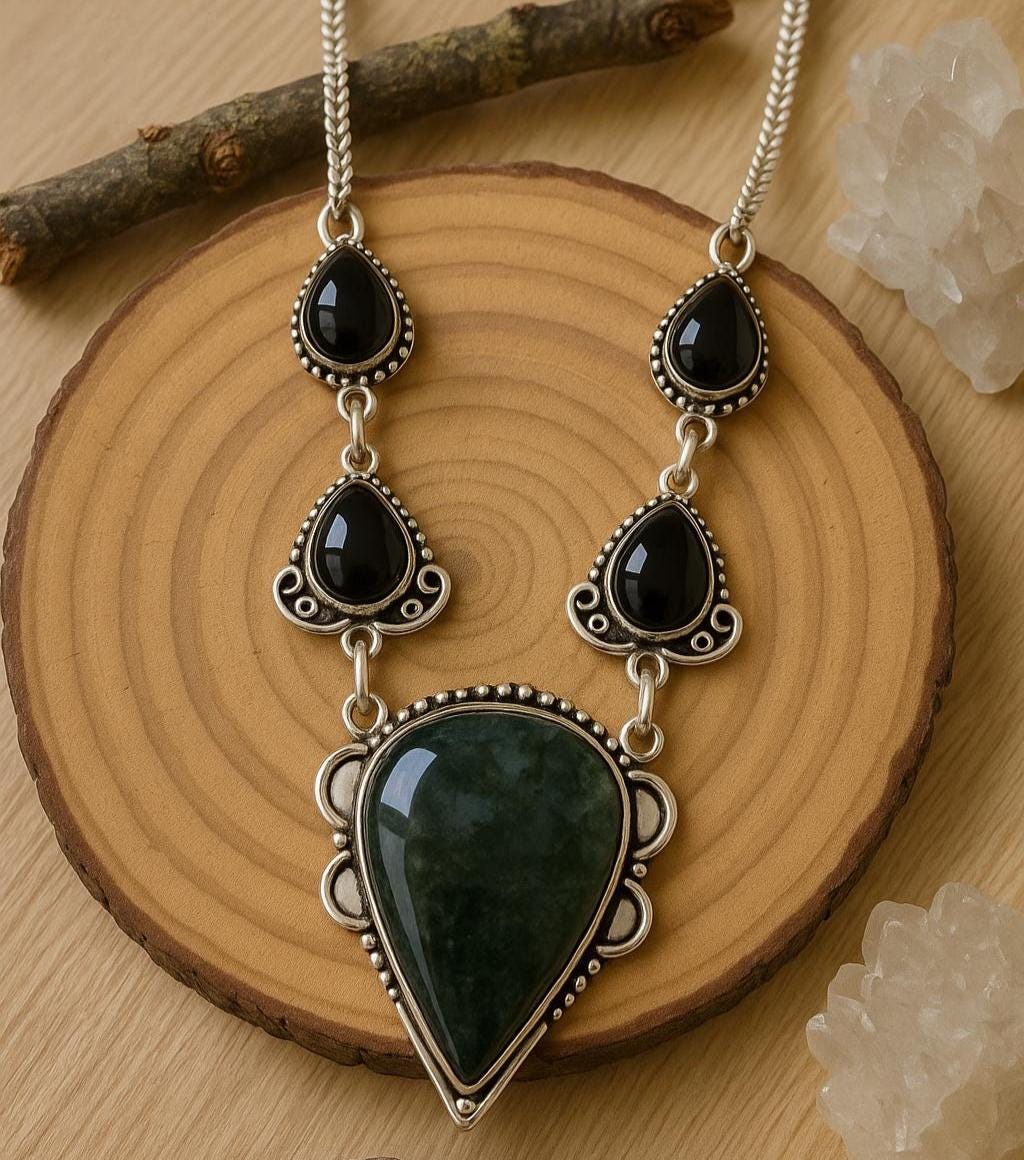 Black Onyx And Moss Agate Statement Pendant In Sterling Silver