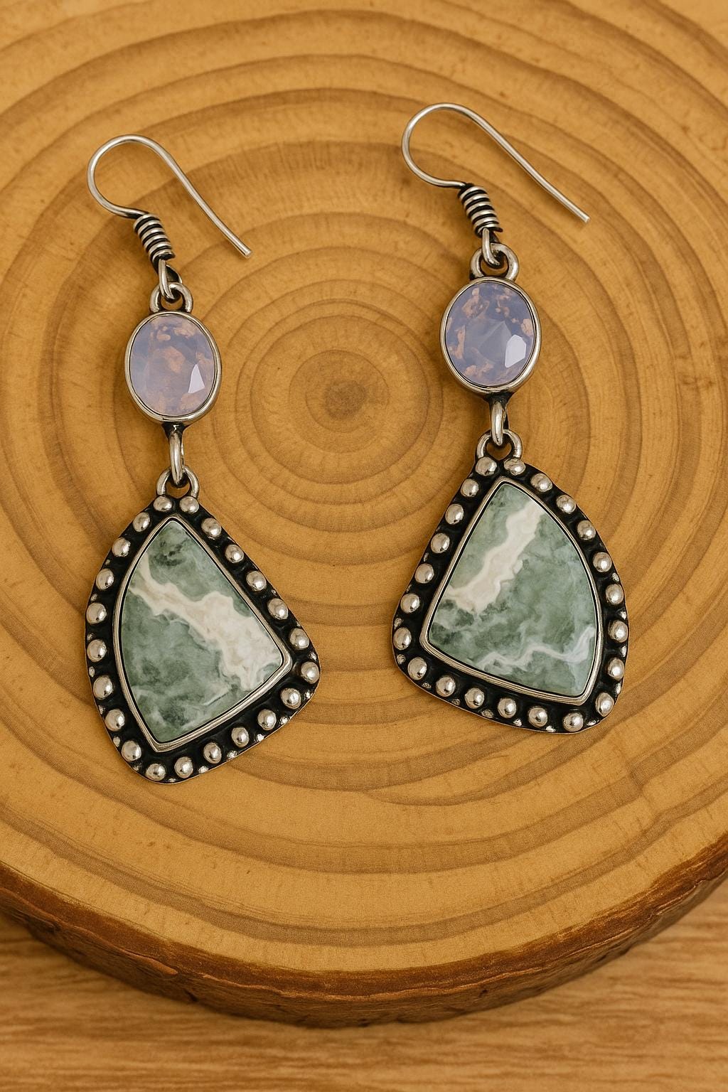Tree Agate And Opalite Dangle Earrings In Sterling Silver, Crystal Earrings