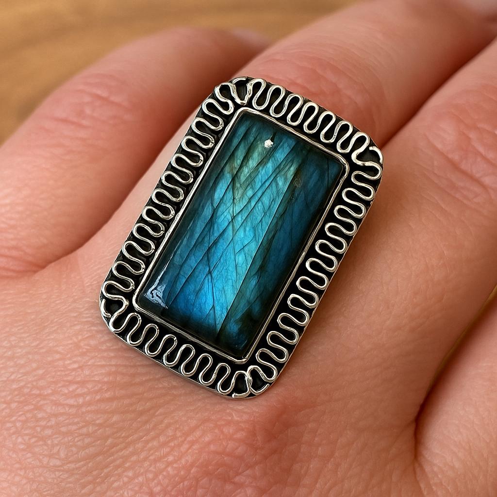 Blue Labradorite Statement Ring, Recycled Sterling Silver, US Size 7 3/4