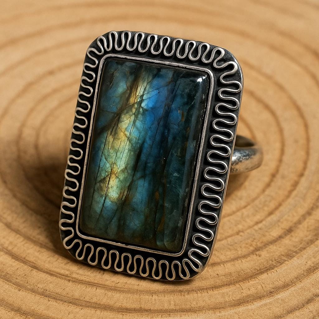 Blue Labradorite Statement Ring, Recycled Sterling Silver, US Size 7 3/4