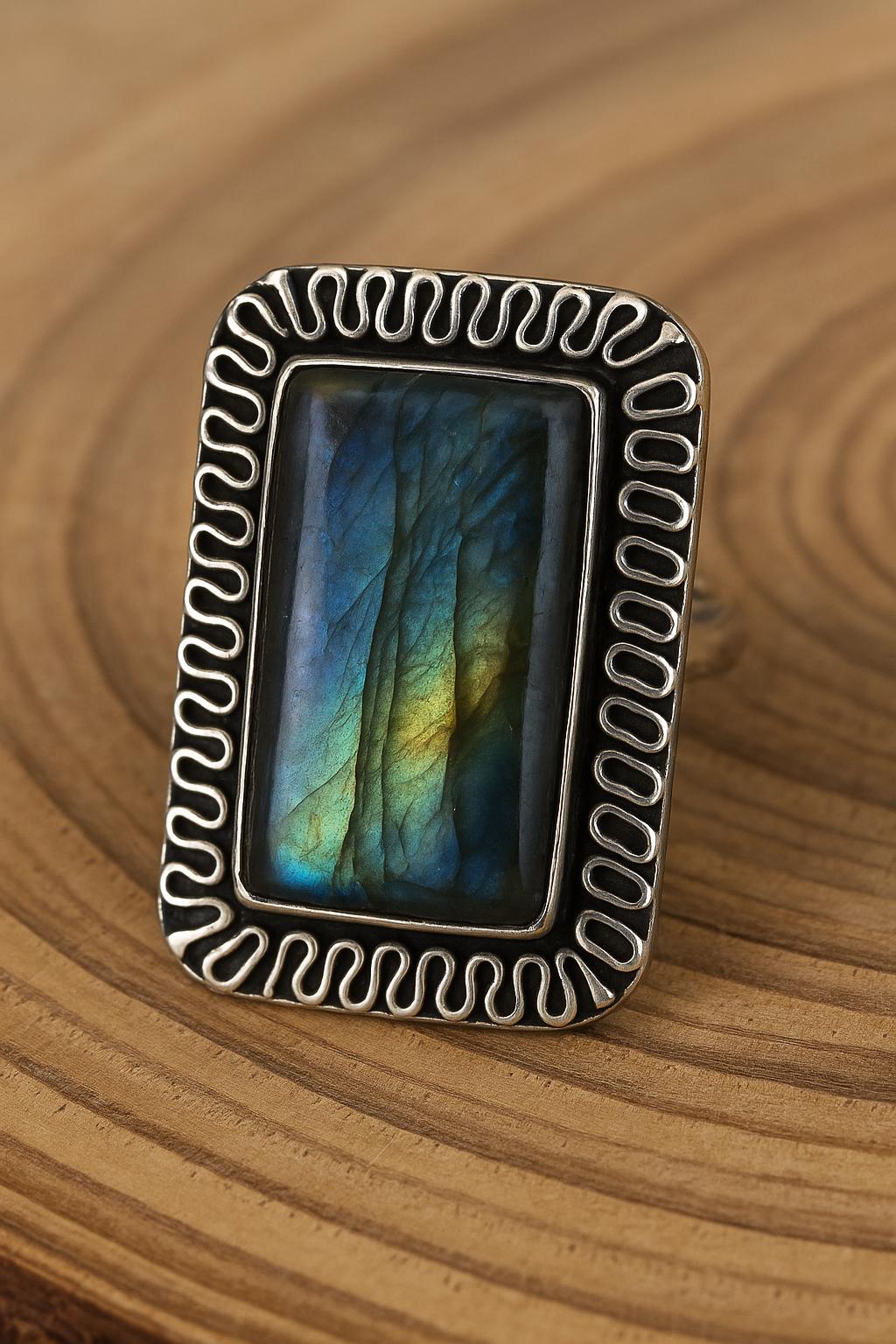 Blue Labradorite Statement Ring, Recycled Sterling Silver, US Size 7 3/4