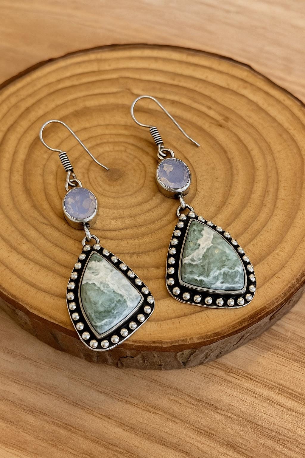 Tree Agate And Opalite Dangle Earrings In Sterling Silver, Crystal Earrings