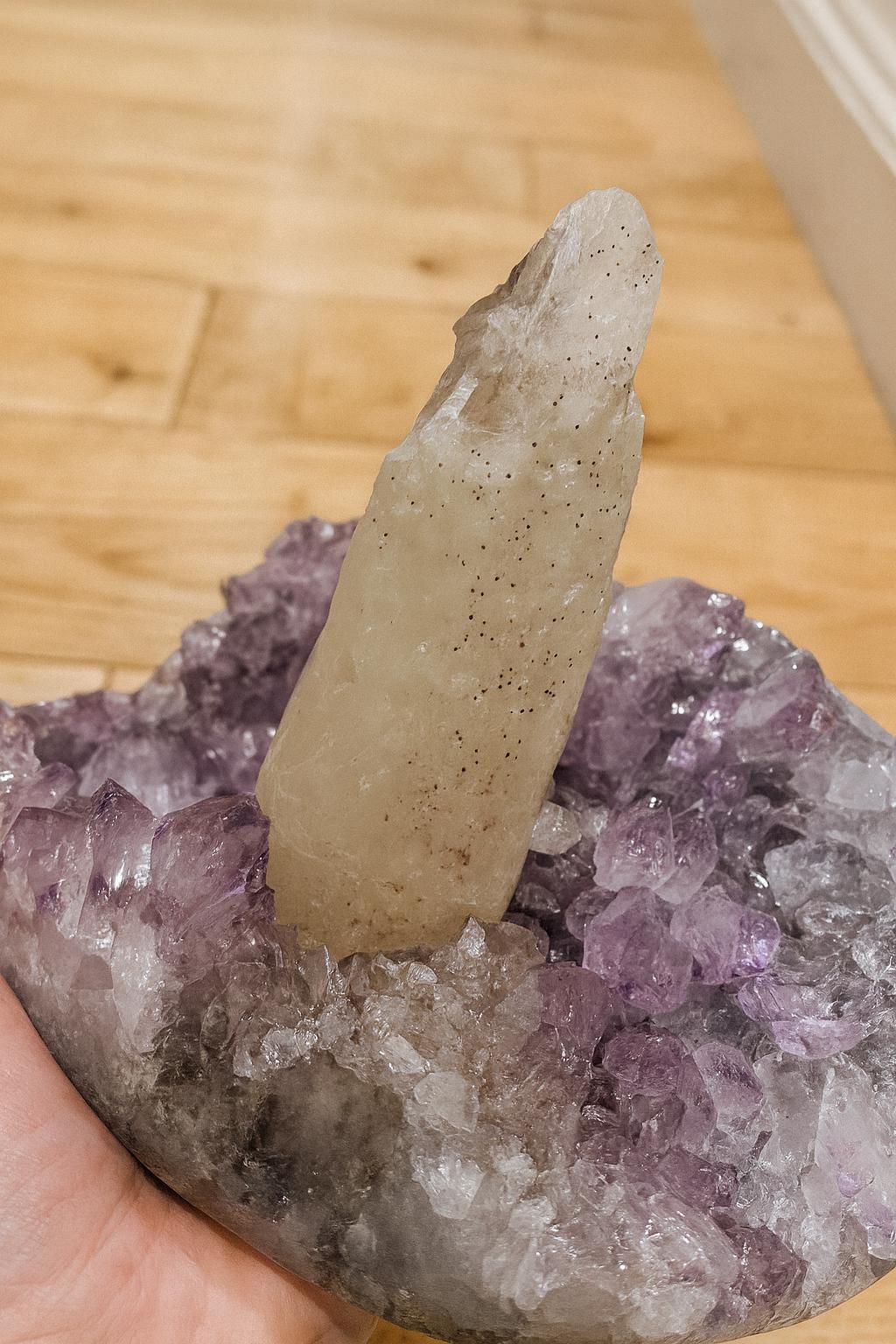 Large Amethyst with Calcite Point on Display Stand, 2.66 lb / 1209 g Mineral Specimen