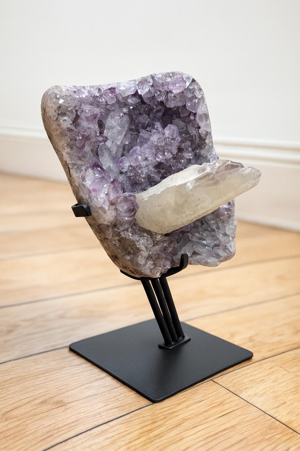 Large Amethyst with Calcite Point on Display Stand, 2.66 lb / 1209 g Mineral Specimen