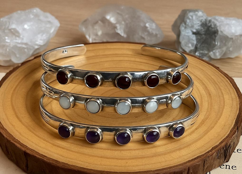 Adjustable Gemstone Bracelet In Sterling Silver, Moonstone Amethyst Garnet Bracelets