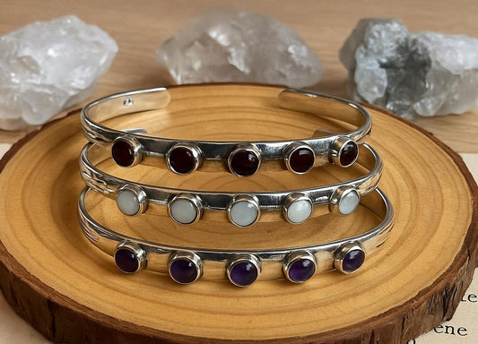 Adjustable Gemstone Bracelet In Sterling Silver, Moonstone Amethyst Garnet Bracelets