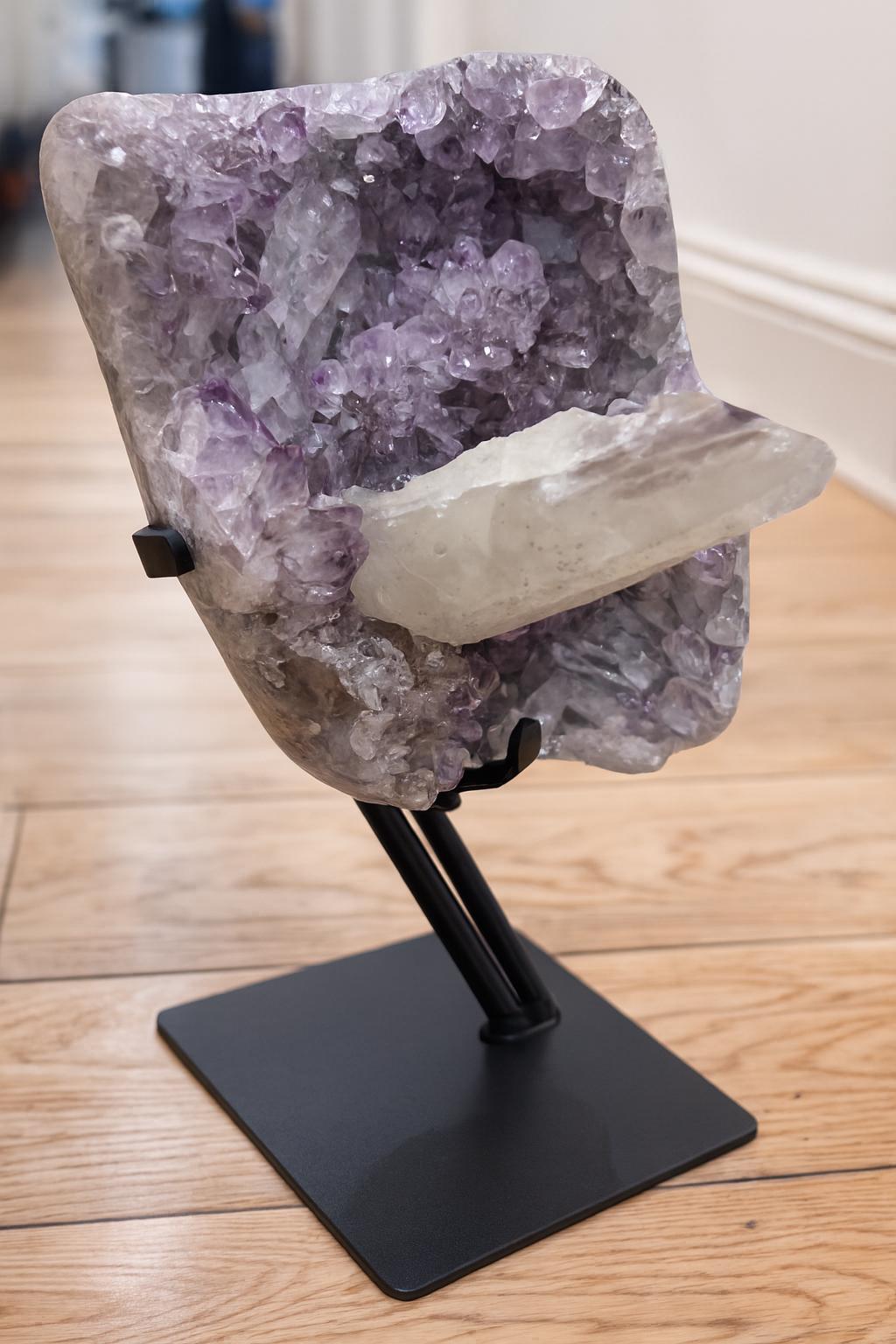 Large Amethyst with Calcite Point on Display Stand, 2.66 lb / 1209 g Mineral Specimen
