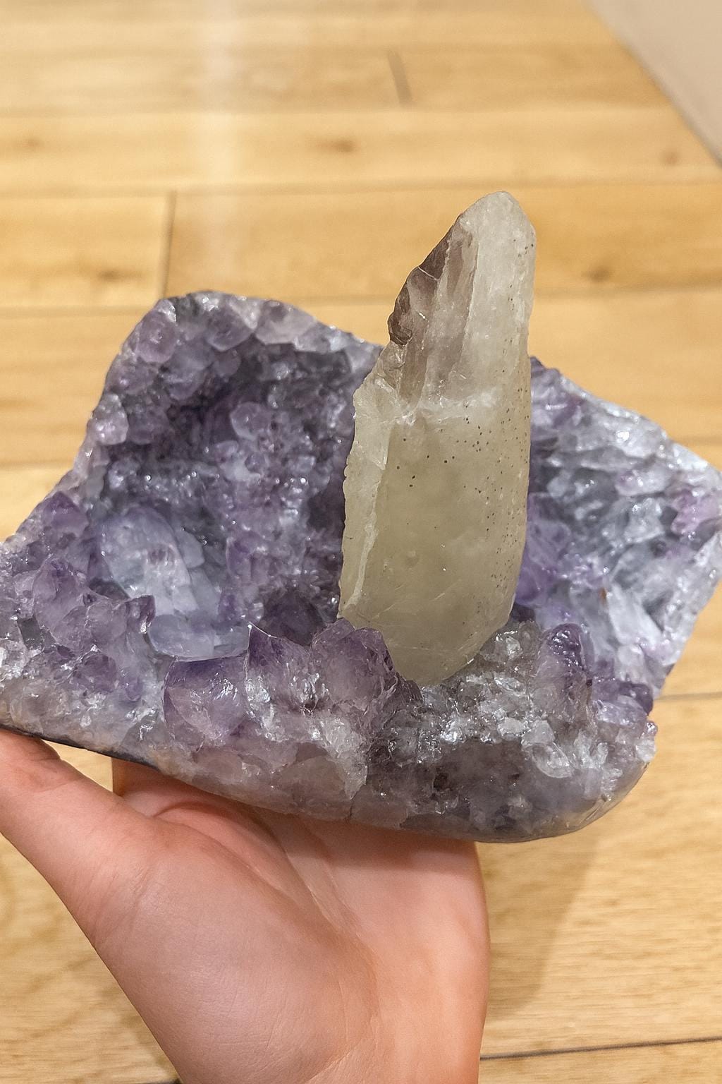 Large Amethyst with Calcite Point on Display Stand, 2.66 lb / 1209 g Mineral Specimen