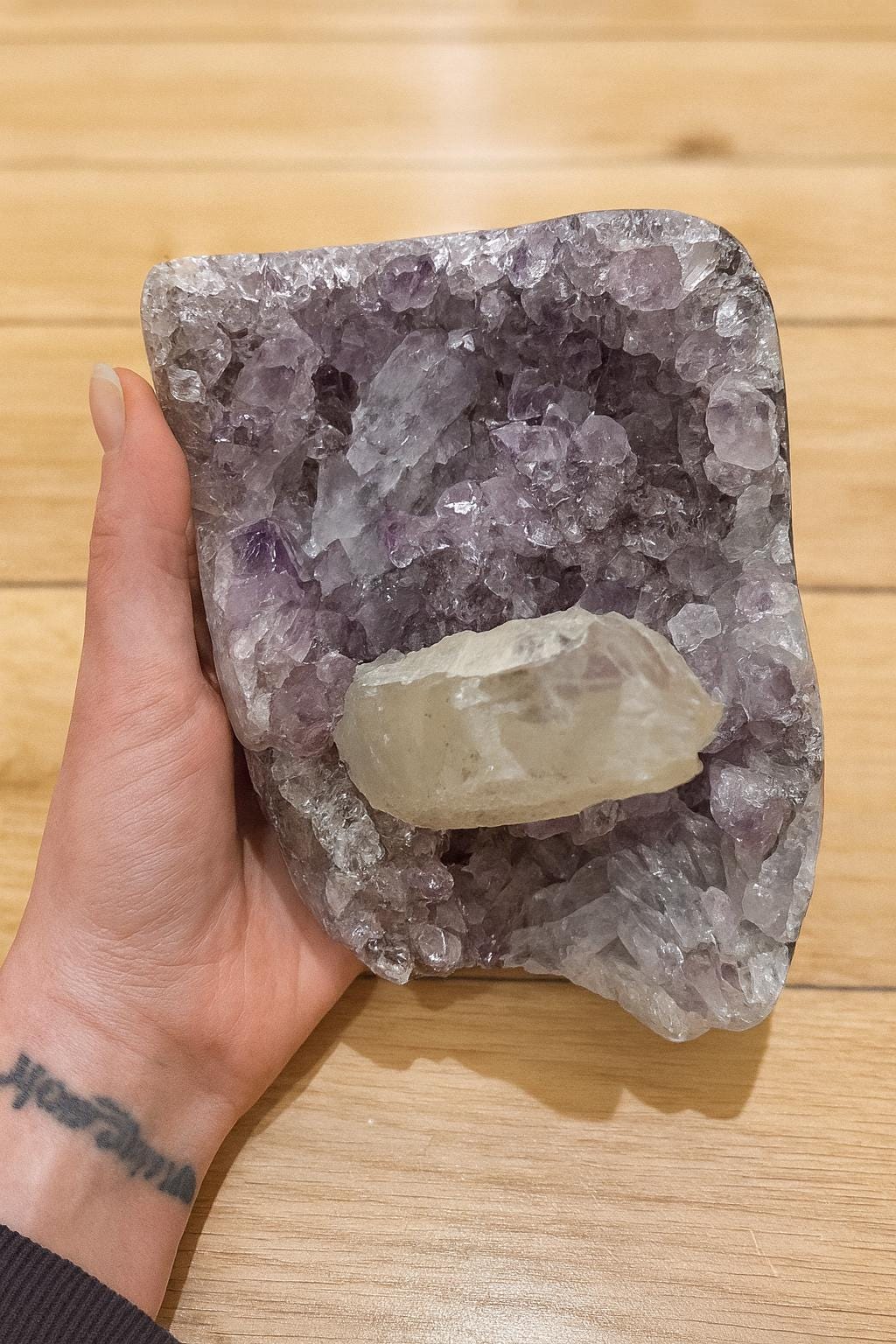 Large Amethyst with Calcite Point on Display Stand, 2.66 lb / 1209 g Mineral Specimen