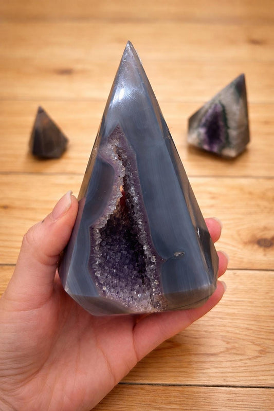 Banded Agate Druzy Tower, Quartz Crystal Point, Polished Agate Geode, One of a Kind Crystal Decor Healing Stone