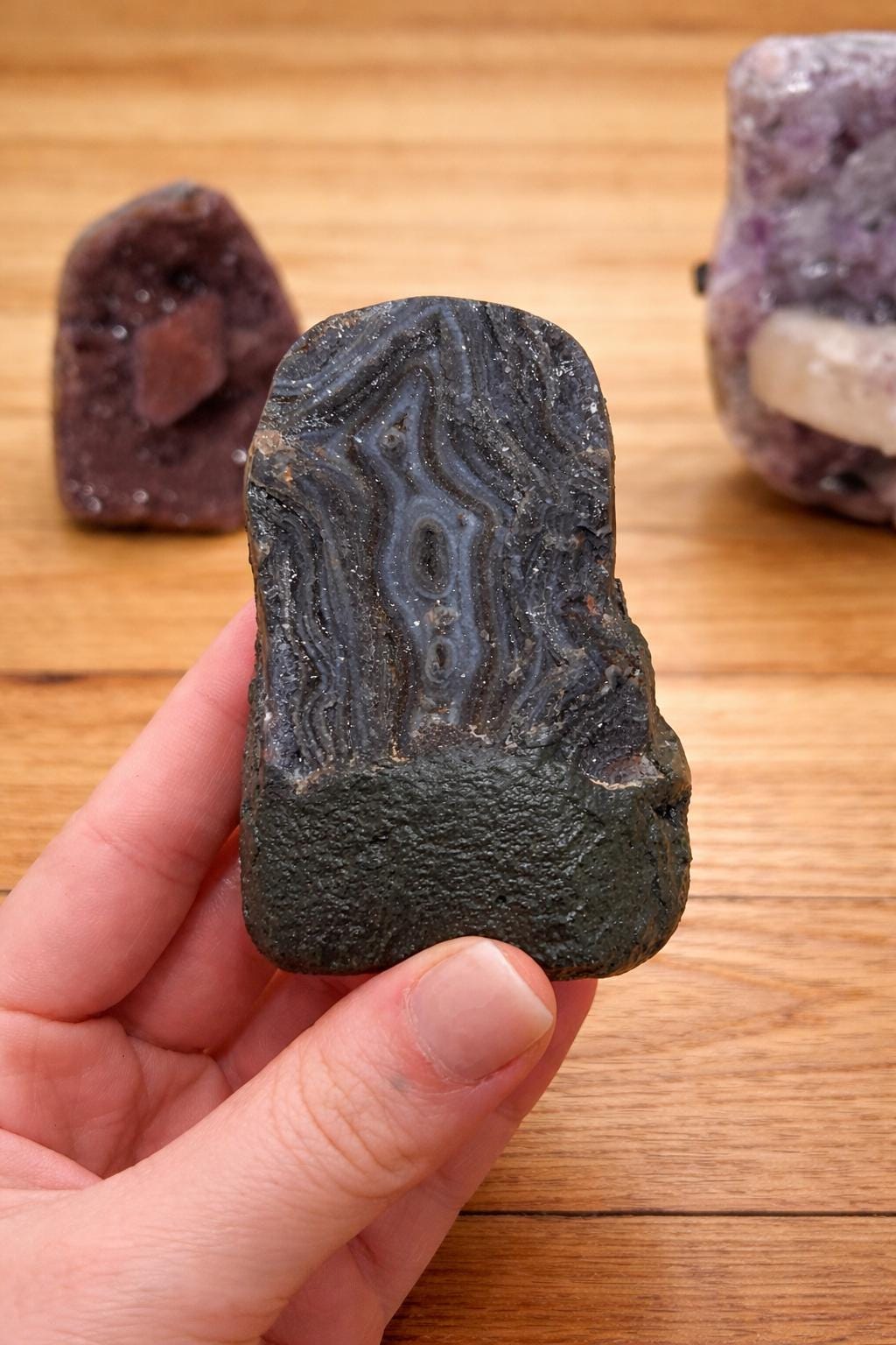 Banded Chalcedony Agate with Natural Volcanic Matrix & Druzy Quartz, One of a Kind Geological Display Stone, Collector Specimen