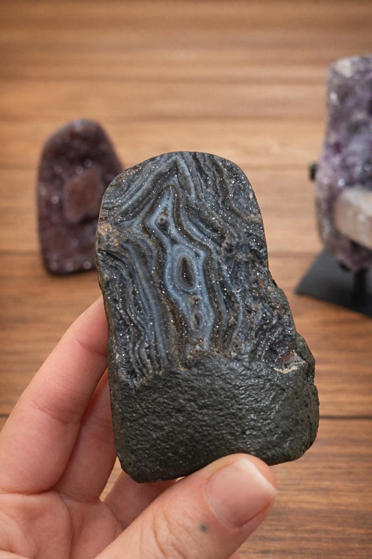 Banded Chalcedony Agate with Natural Volcanic Matrix & Druzy Quartz, One of a Kind Geological Display Stone, Collector Specimen