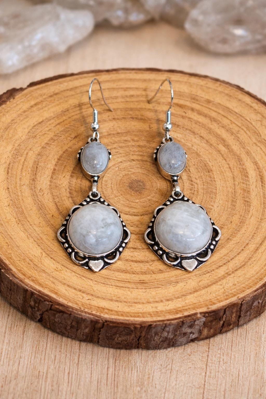 Rainbow Moonstone Dangle Earrings In Sterling Silver