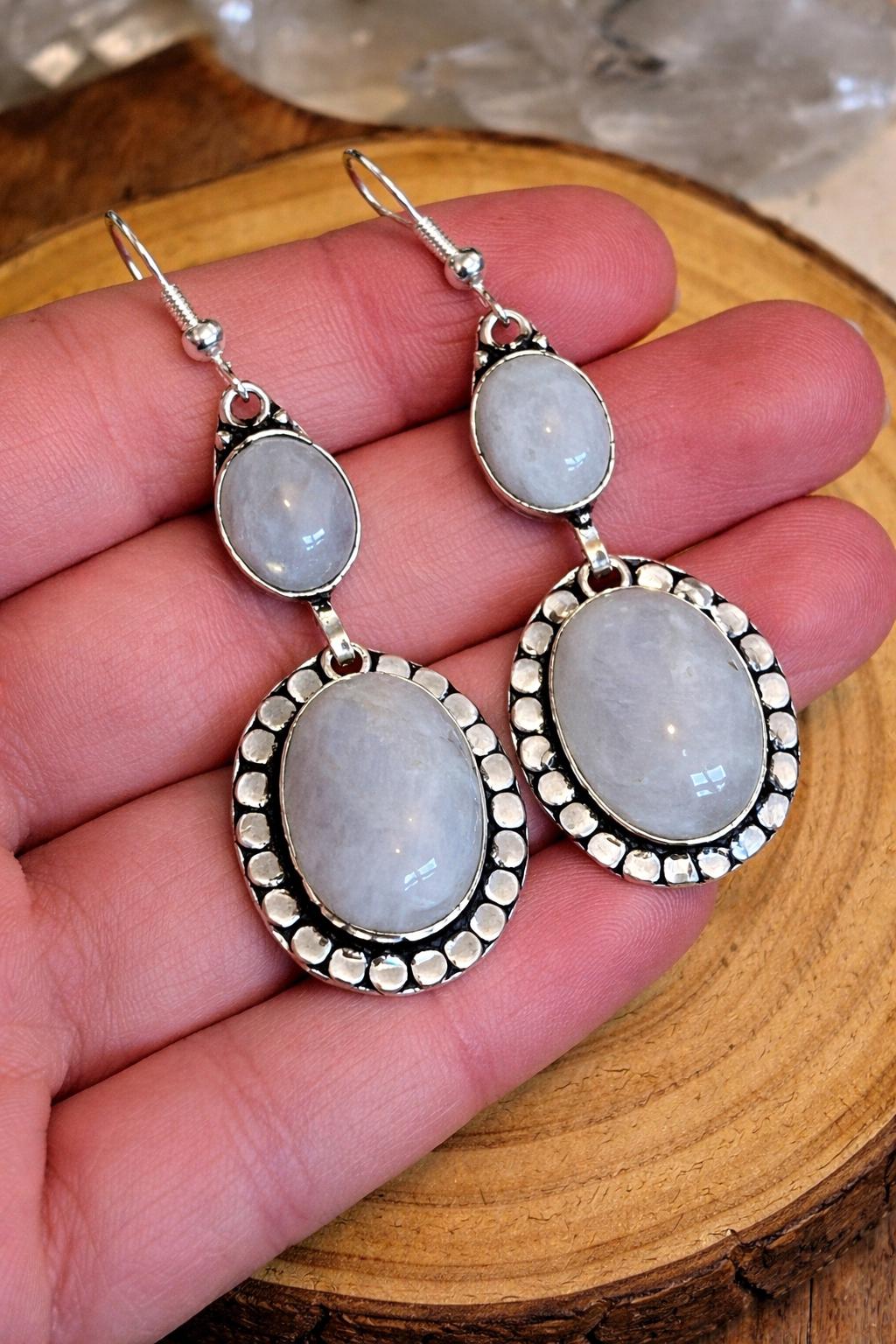 Rainbow Moonstone Dangle Earrings In Sterling Silver