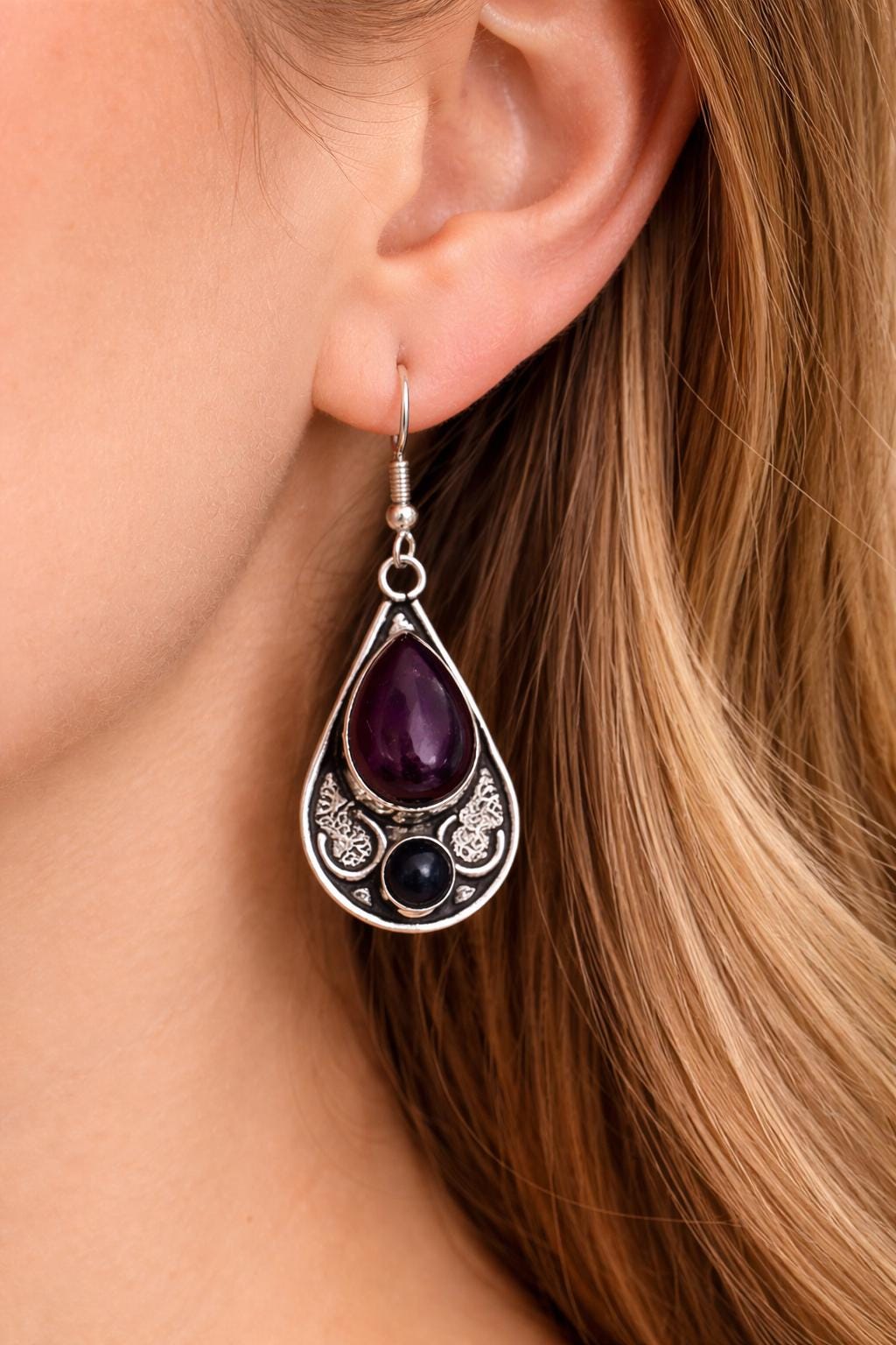 Ethnic Amethyst Earrings In Sterling Silver