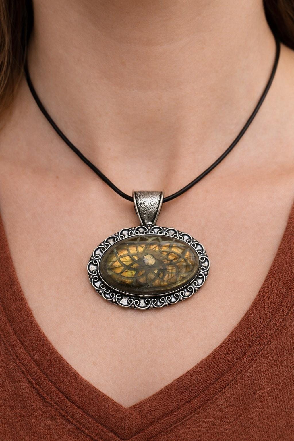 Carved Labradorite Necklace In Sterling Silver