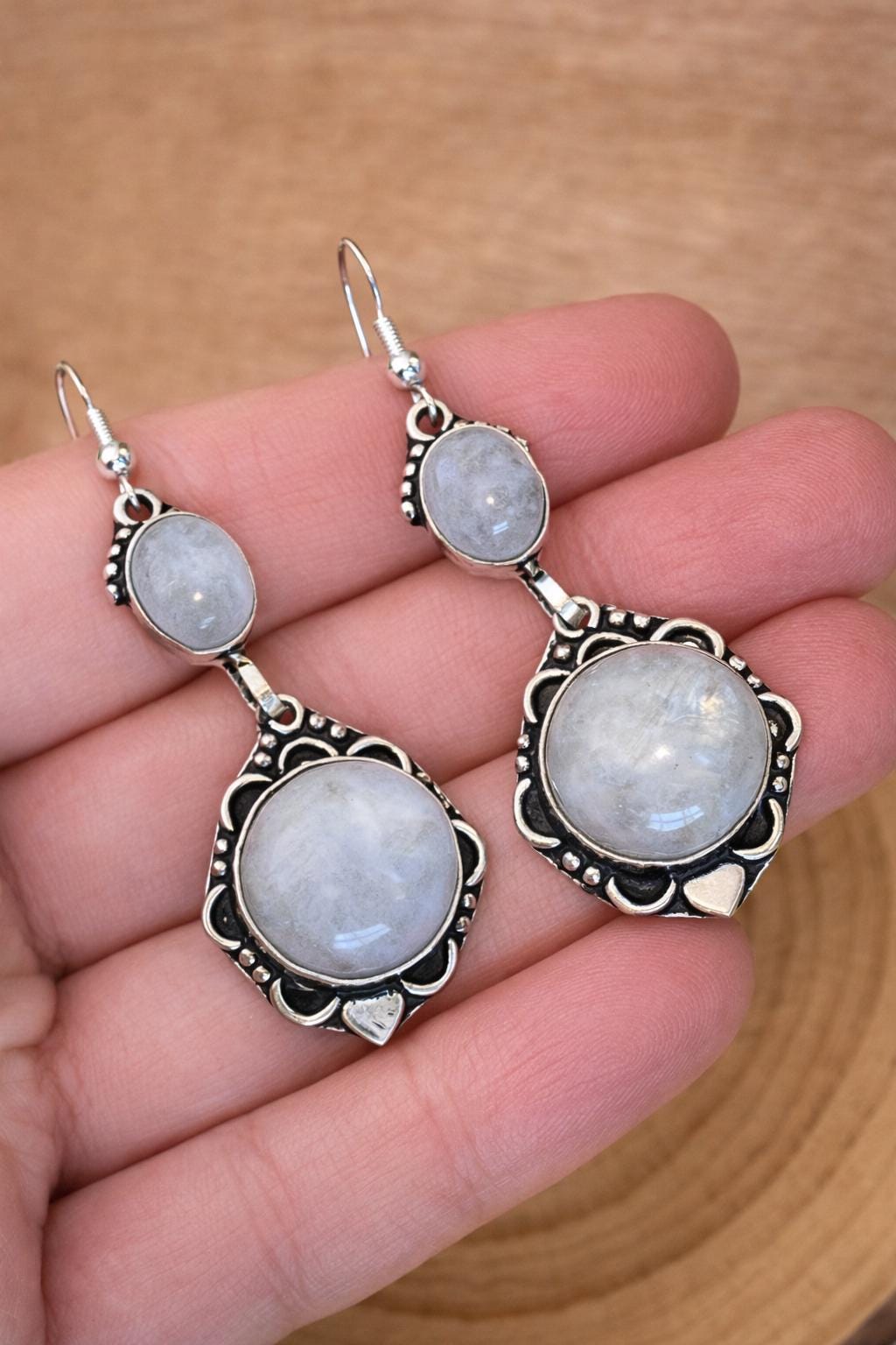 Rainbow Moonstone Dangle Earrings In Sterling Silver