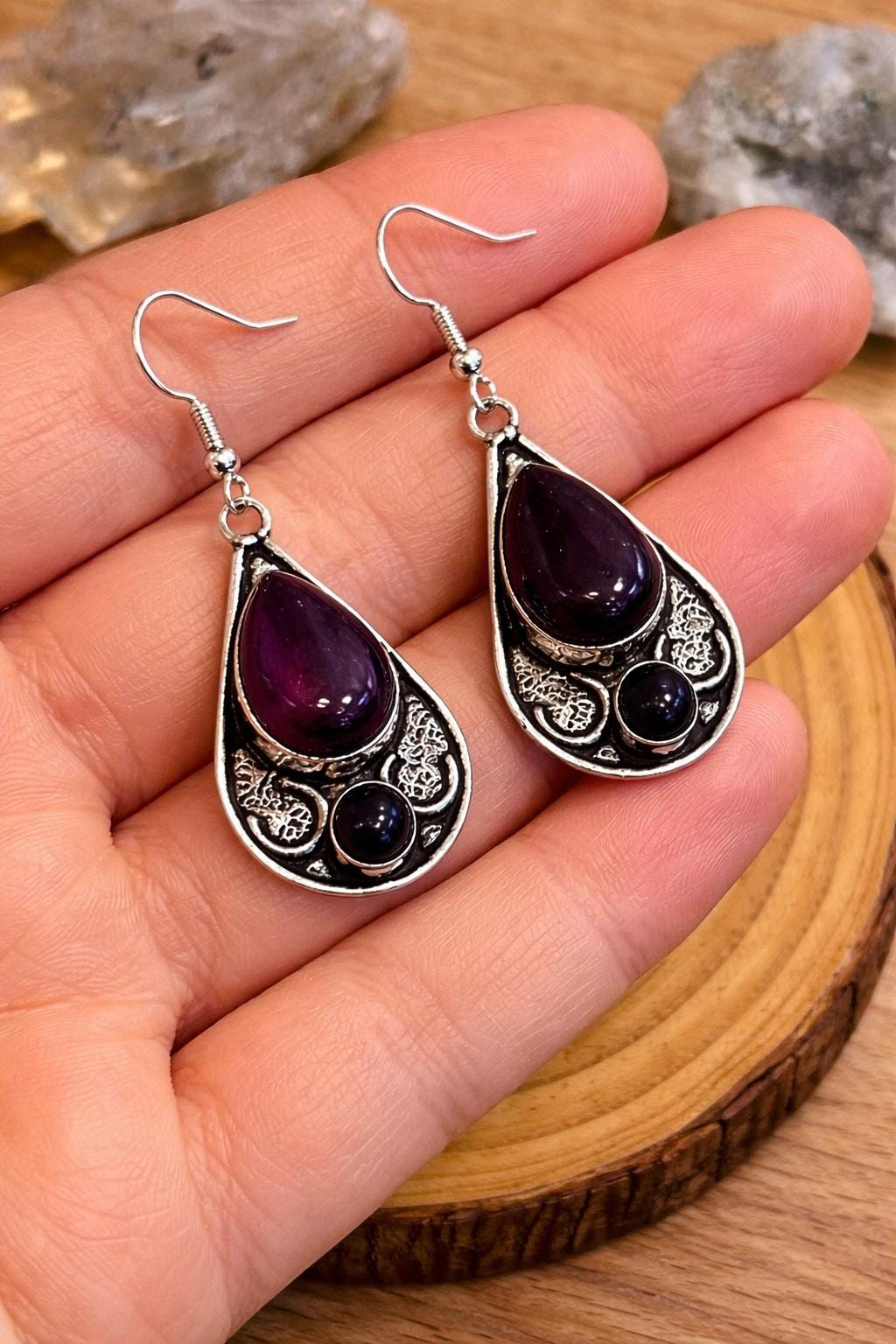 Ethnic Amethyst Earrings In Sterling Silver