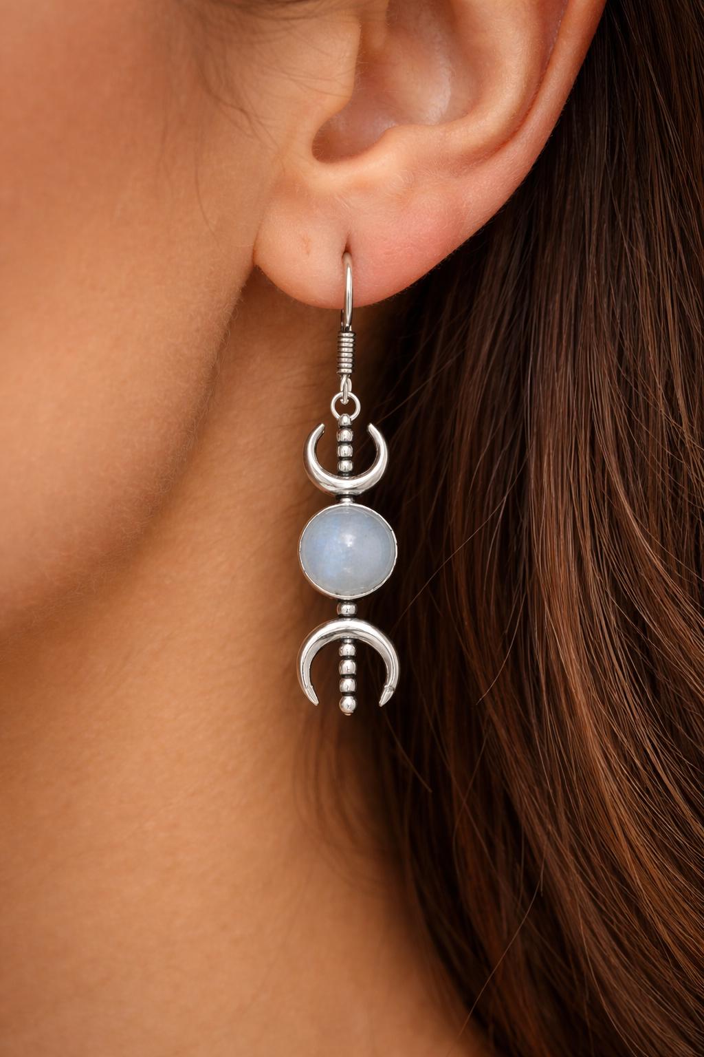 Moon Phases Dangle Earrings, Sterling Silver Rainbow Moonstone Celestial Jewelry