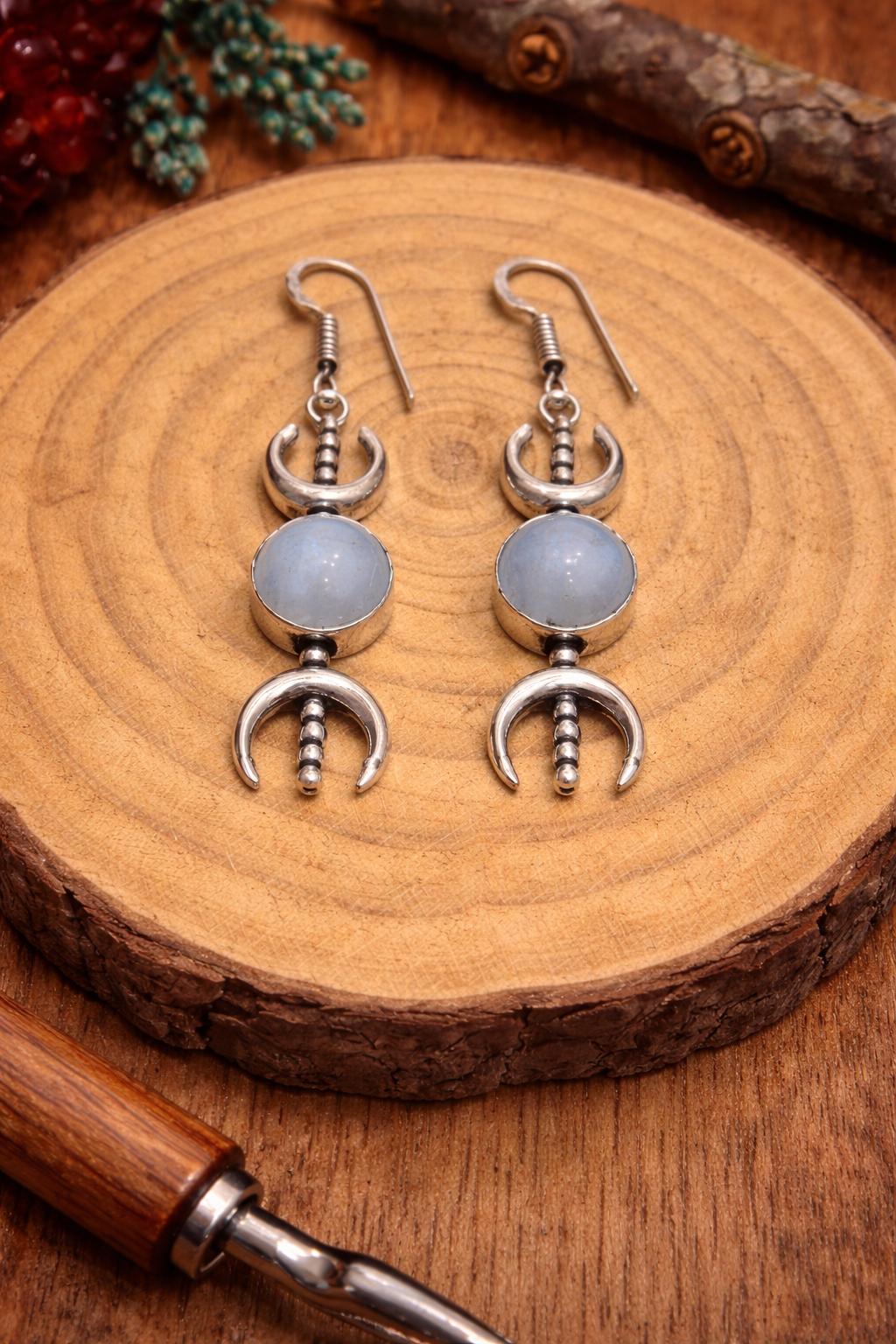 Moon Phases Dangle Earrings, Sterling Silver Rainbow Moonstone Celestial Jewelry