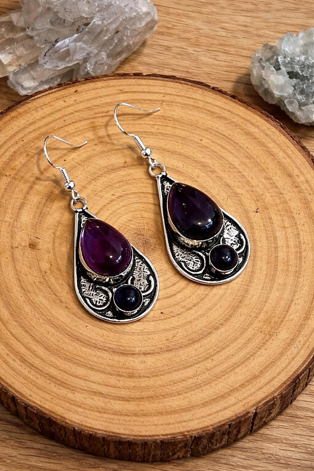 Ethnic Amethyst Earrings In Sterling Silver