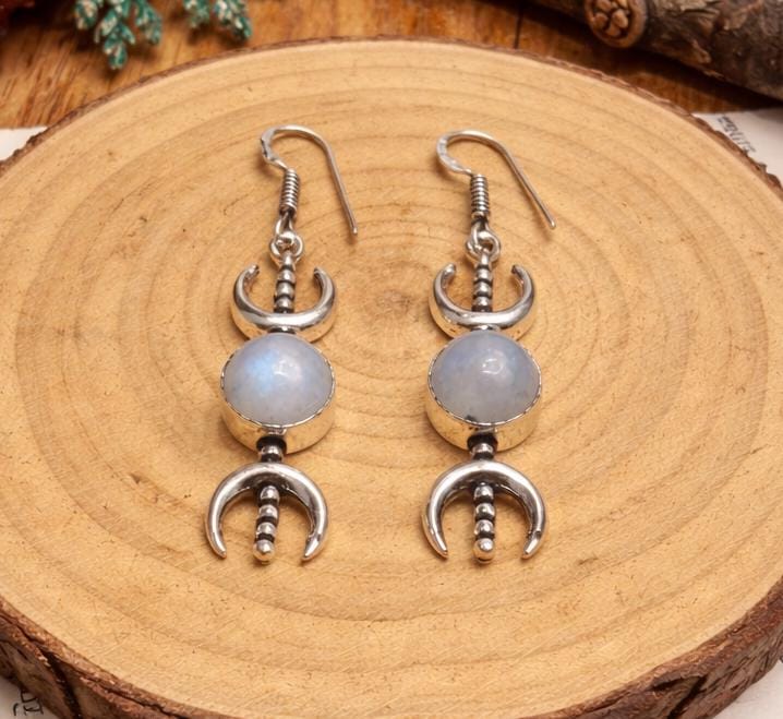 Moon Phases Dangle Earrings, Sterling Silver Rainbow Moonstone Celestial Jewelry