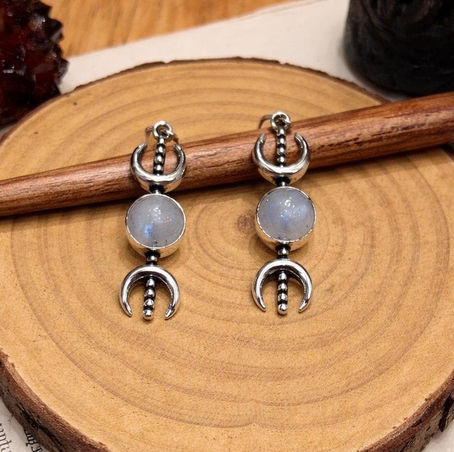Moon Phases Dangle Earrings, Sterling Silver Rainbow Moonstone Celestial Jewelry