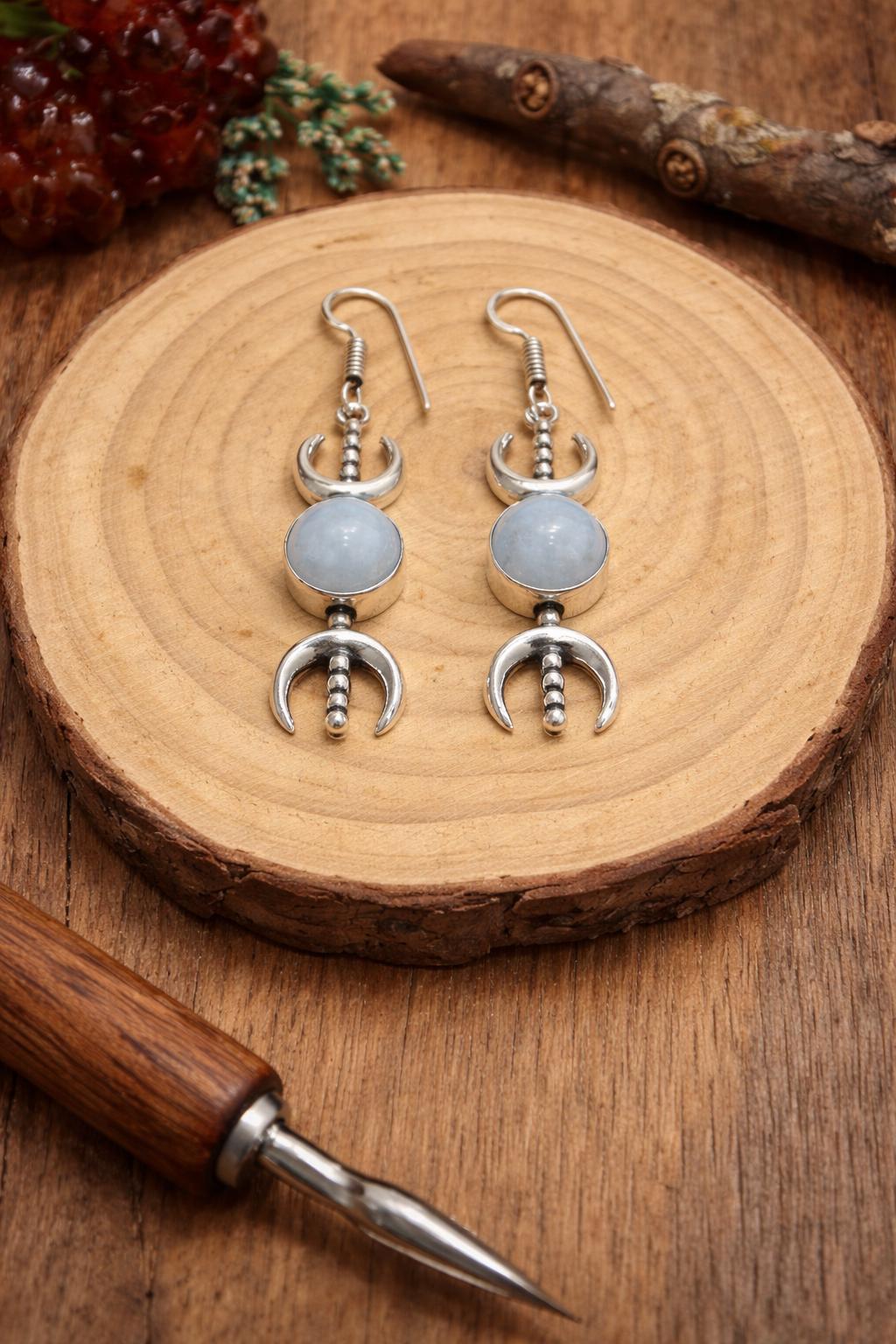 Moon Phases Dangle Earrings, Sterling Silver Rainbow Moonstone Celestial Jewelry