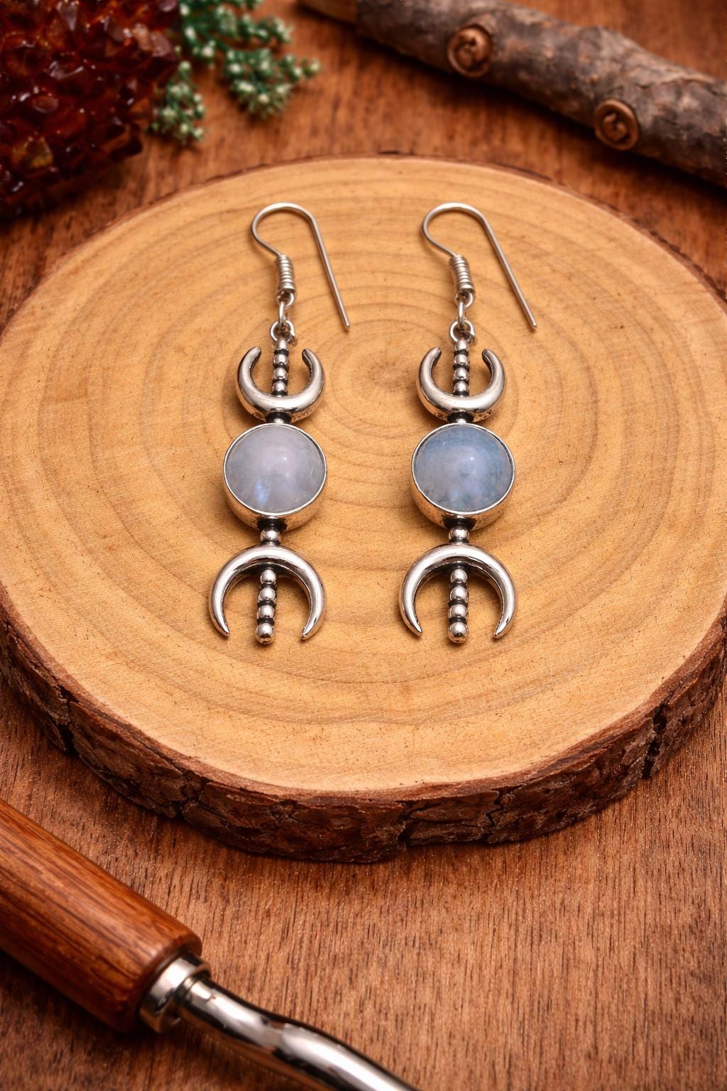 Moon Phases Dangle Earrings, Sterling Silver Rainbow Moonstone Celestial Jewelry