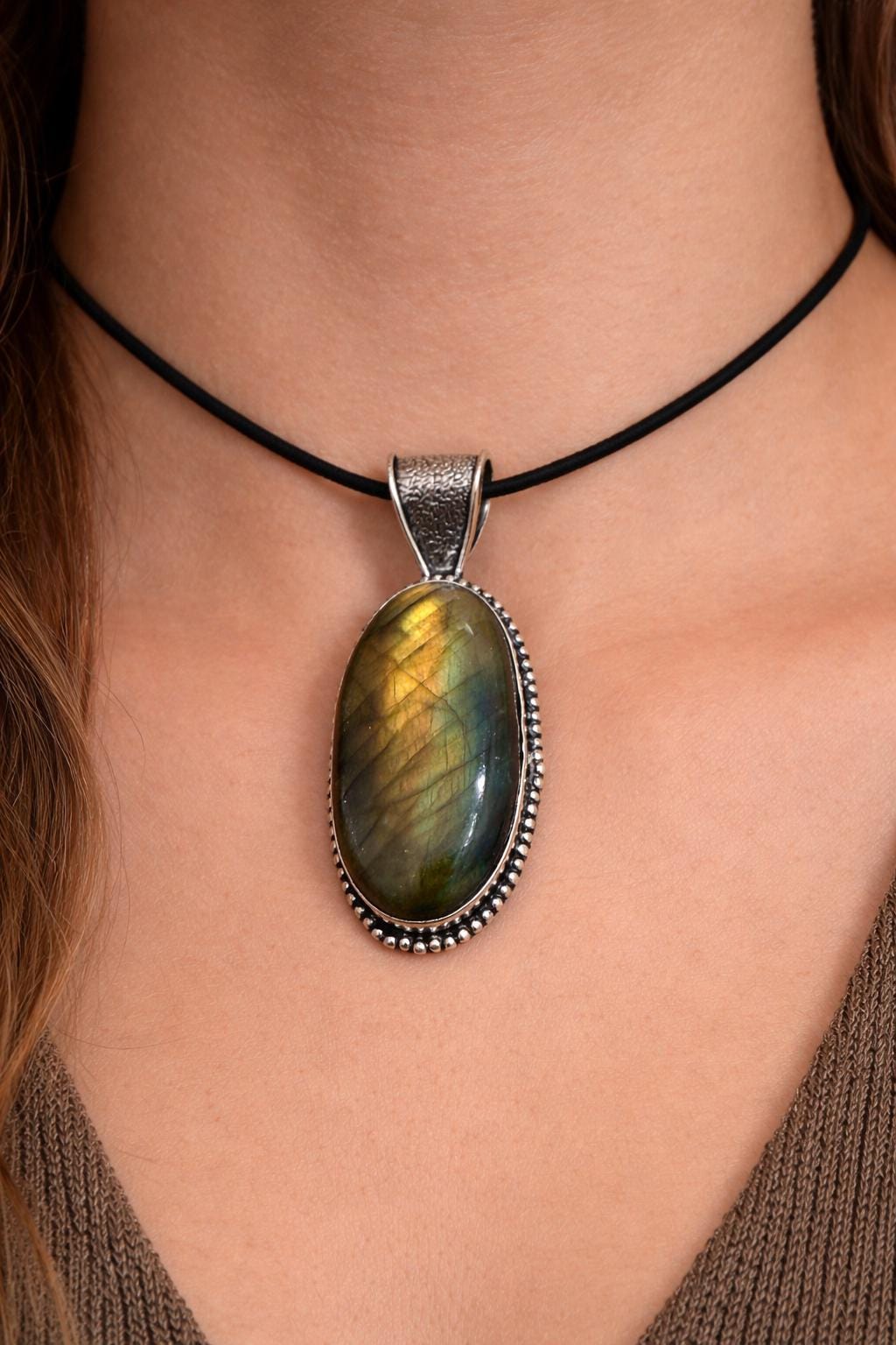 Natural Labradorite Statement Pendant, Sterling Silver Boho Jewelry