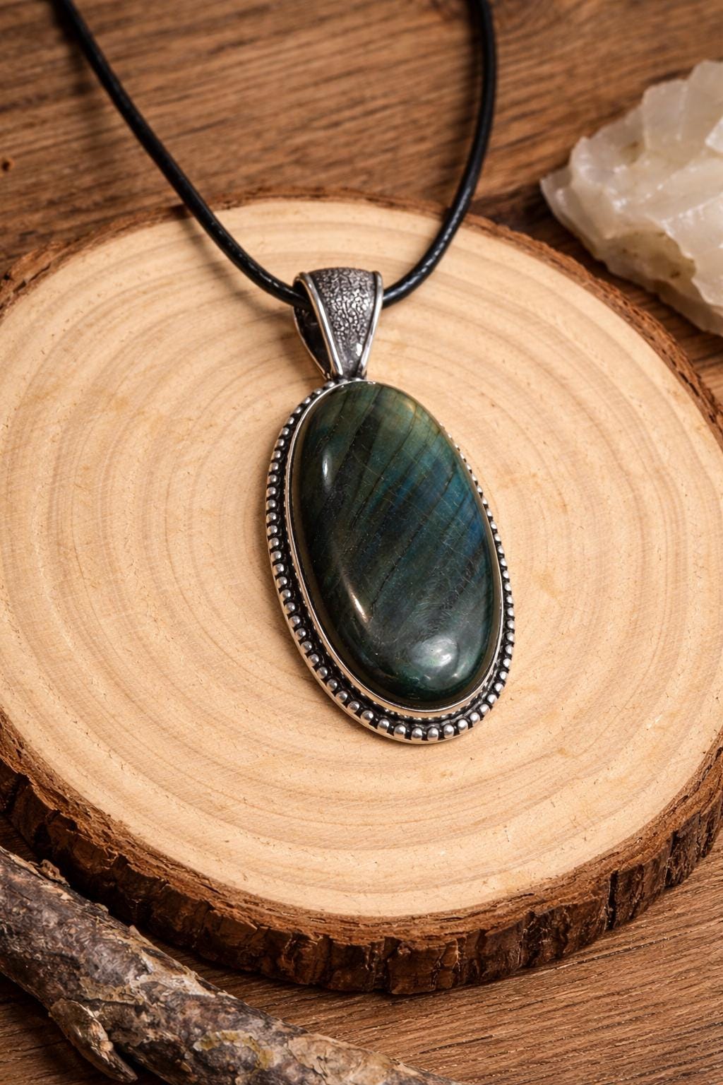 Natural Labradorite Statement Pendant, Sterling Silver Boho Jewelry