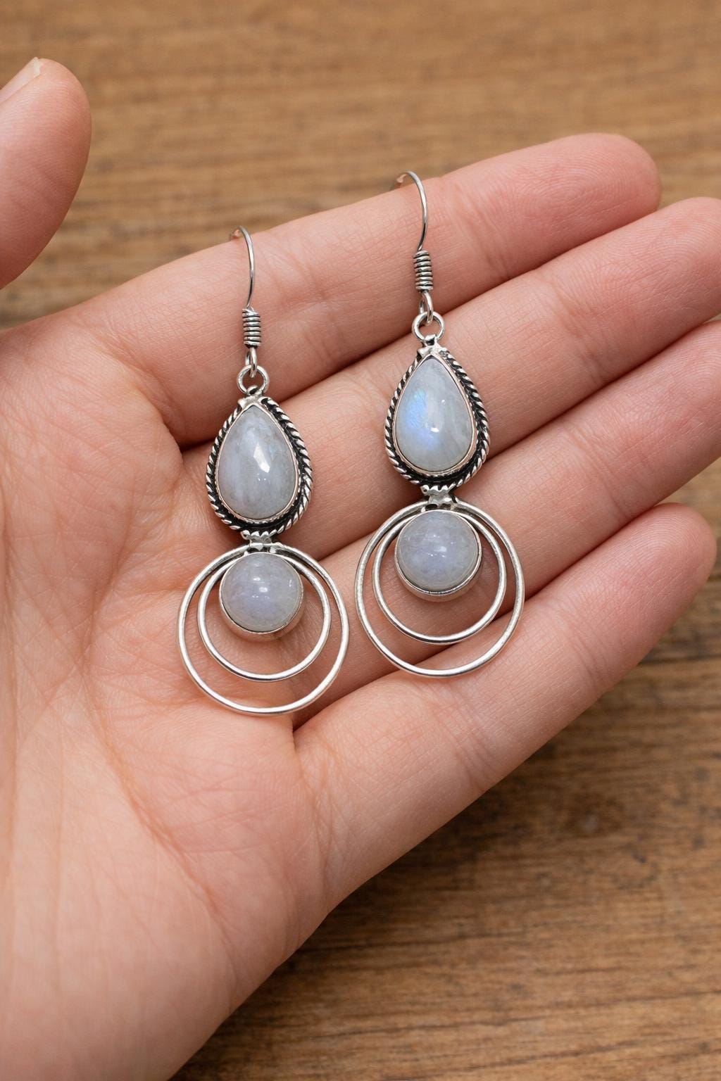 Rainbow Moonstone Earrings In Sterling Silver Rustic Dangle Earrings GypsyJewelry Boho Earrings