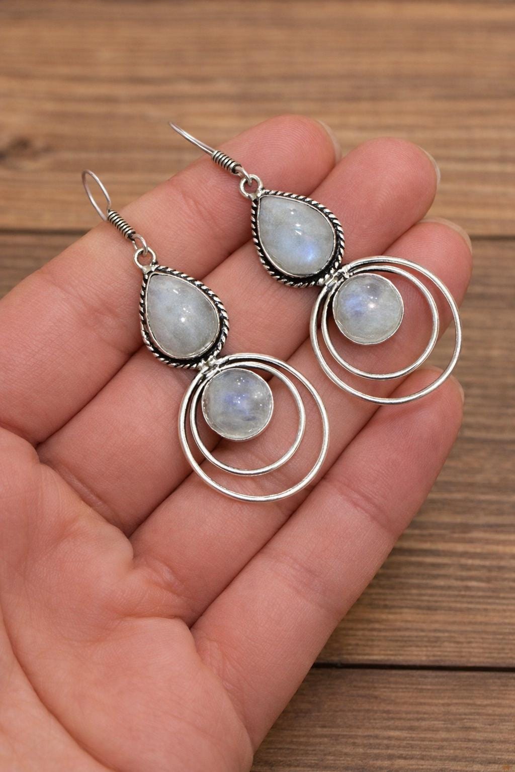 Rainbow Moonstone Earrings In Sterling Silver Rustic Dangle Earrings GypsyJewelry Boho Earrings