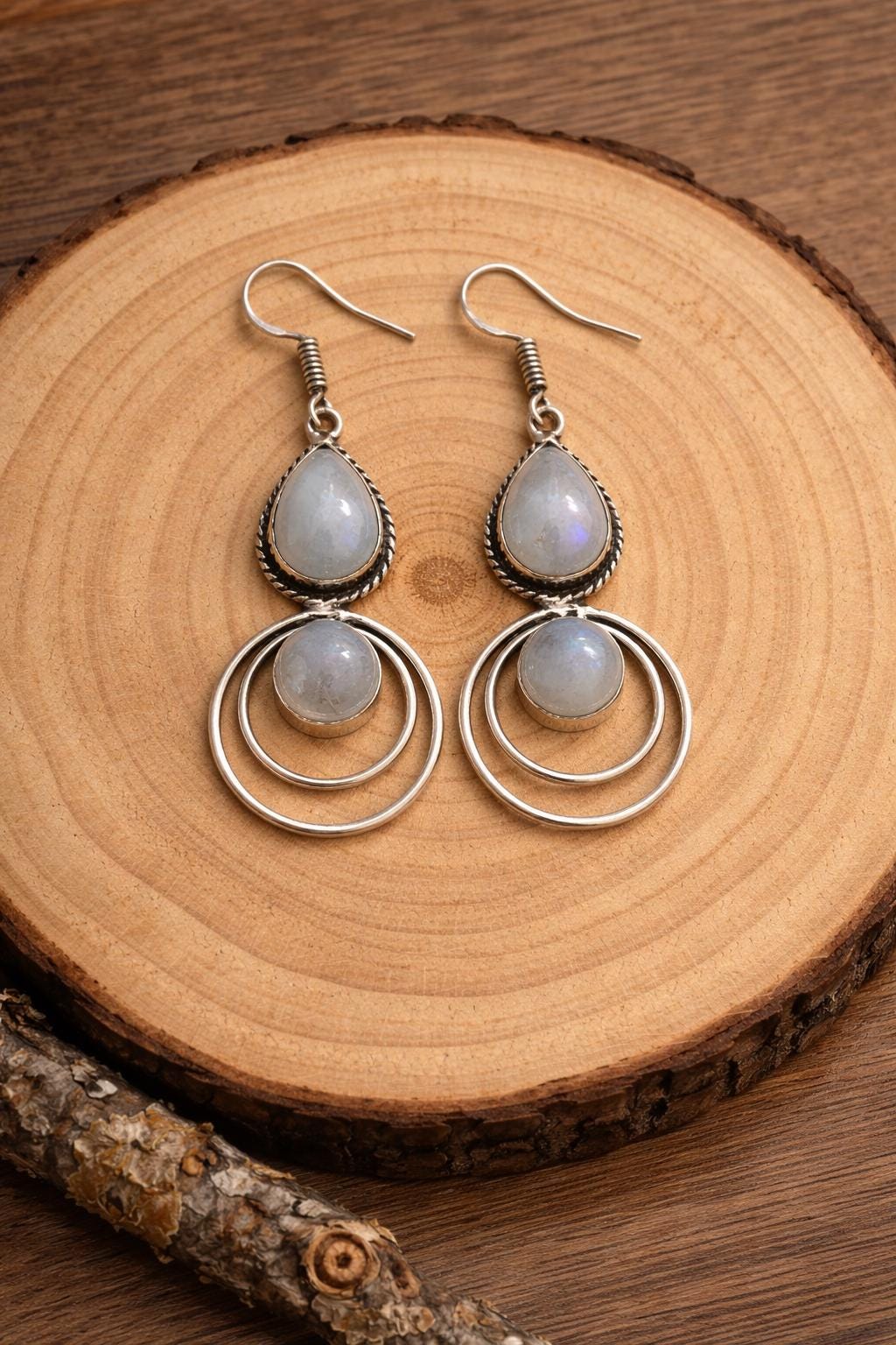 Rainbow Moonstone Earrings In Sterling Silver Rustic Dangle Earrings GypsyJewelry Boho Earrings