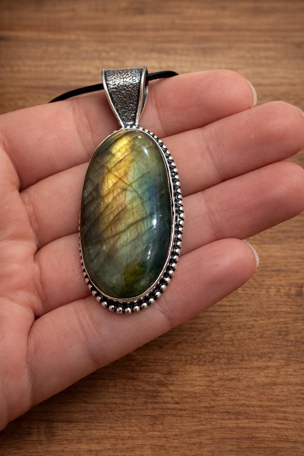 Natural Labradorite Statement Pendant, Sterling Silver Boho Jewelry