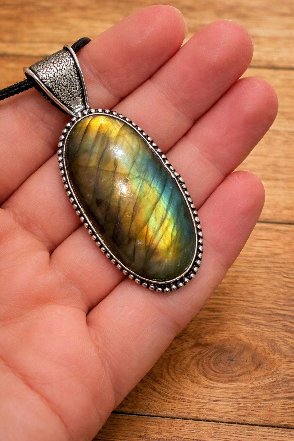Natural Labradorite Statement Pendant, Sterling Silver Boho Jewelry