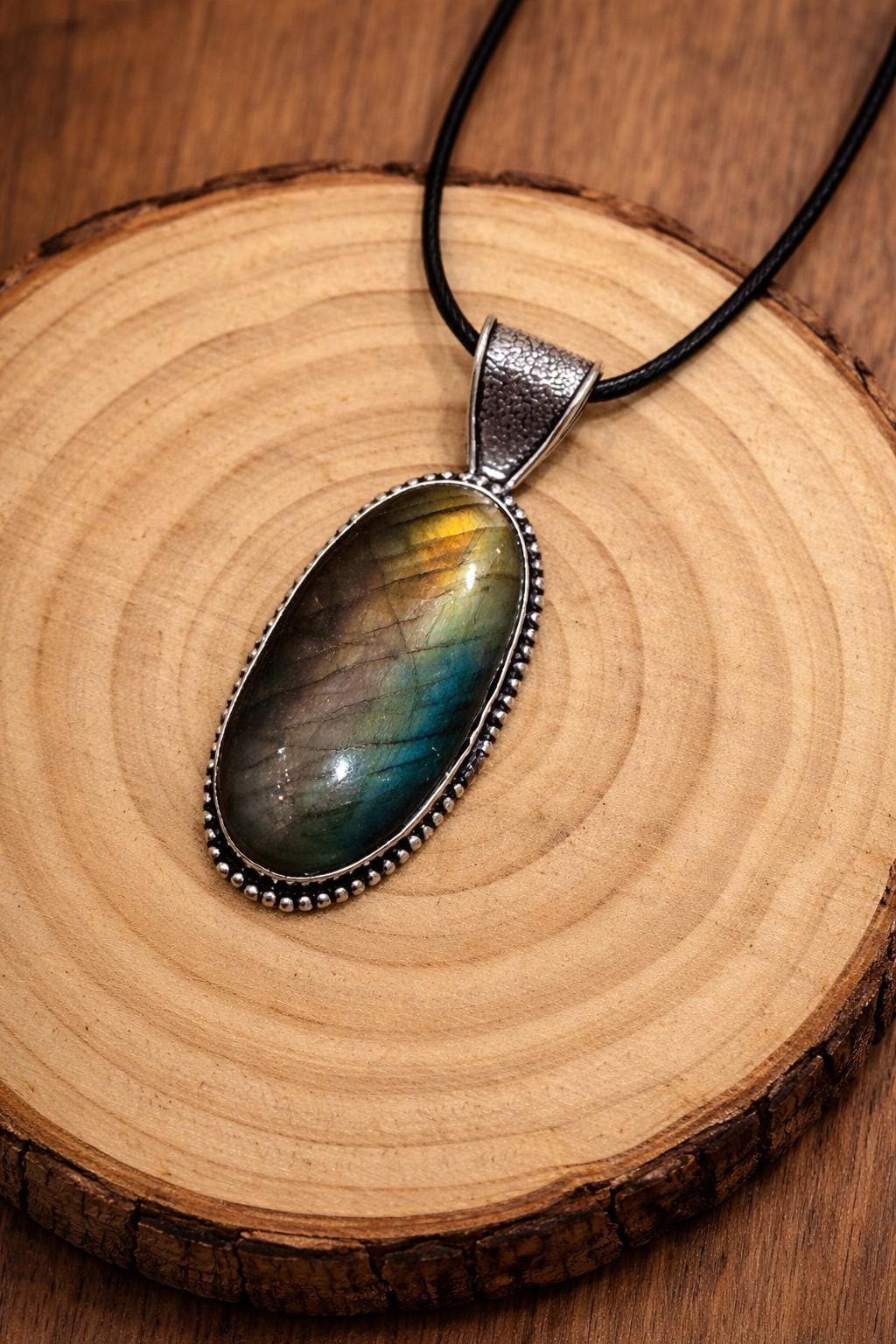 Natural Labradorite Statement Pendant, Sterling Silver Boho Jewelry