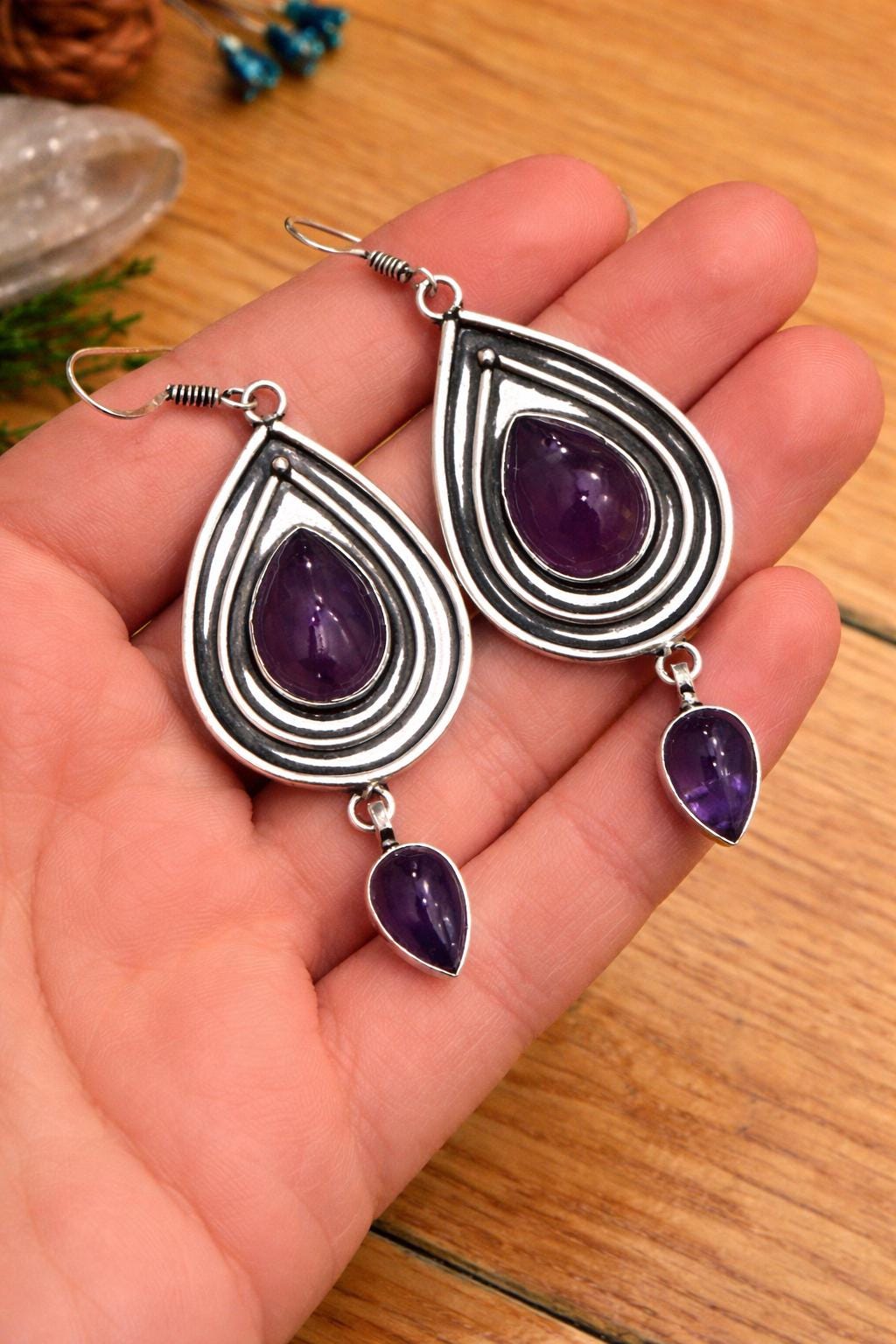 Amethyst Dangle Earrings In Sterling Silver, Statement Earrings